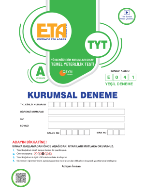 ETA YAYINLARI - TYT YEŞİL DENEME A KİTAPÇIĞI - E041